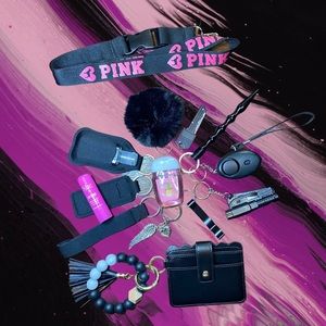 Black Safety Keychain with Black Pink Lanyard & Black ID Wristlet Set